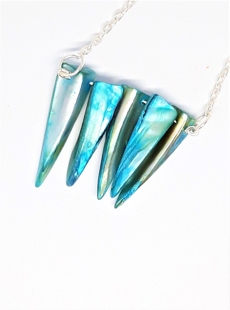 Unusual Necklace Turquoise Colour Seashell Beads Bridesmaid Gift Aqua Pearlised Polished Shell Point Necklace Nature Jewellery