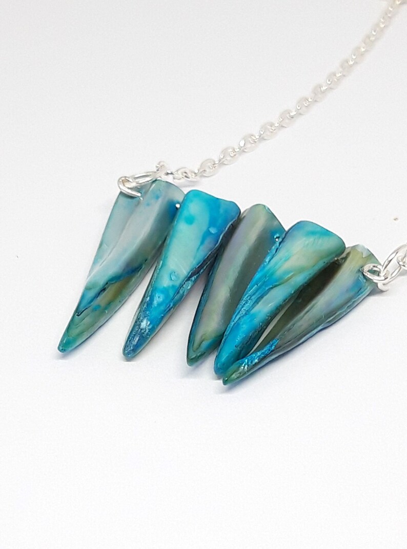 Unusual Necklace Turquoise Colour Seashell Beads Bridesmaid Gift Aqua Pearlised Polished Shell Point Necklace Nature Jewellery