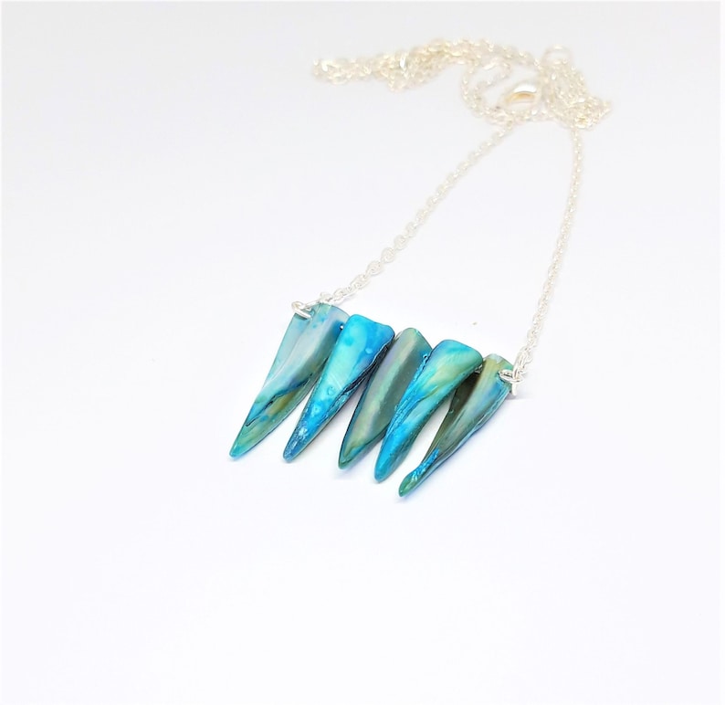 Unusual Necklace Turquoise Colour Seashell Beads Bridesmaid Gift Aqua Pearlised Polished Shell Point Necklace Nature Jewellery