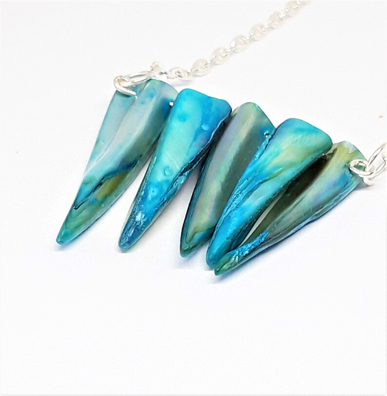 Unusual Necklace Turquoise Colour Seashell Beads Bridesmaid Gift Aqua Pearlised Polished Shell Point Necklace Nature Jewellery
