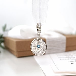 Something Blue Bridal Bouquet Charm | with Lucky Sixpence and Austrian Crystal | Something Old, Something New | Wedding Bouquet Charm