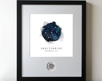 Custom Zodiac Sagittarius Constellation Framed Print | with Silver Sagittarius Coin | Personalized Birthday Gift | Custom Zodiac Art