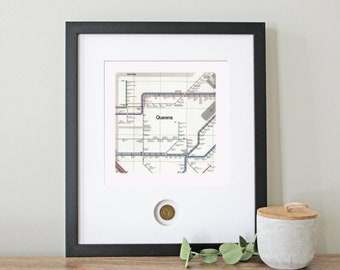 Queens NYC Subway Framed Print | with Subway Token | NYC Wall Art | New York City Framed Art | NYC Gift | Queens Wall Art