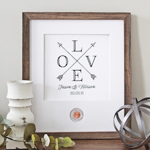 LOVE Framed Print | with Lucky Penny | Personalized Wedding Sign | 7th Year (Copper) Anniversary Gift | First Anniversary Paper Gift