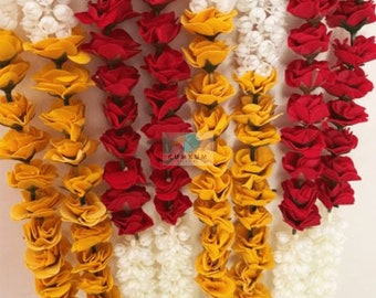 Jasmine Flower Garlands with Red Yellow Roses, Wedding, Haldi, Mehndi Stage Decor, Romantic Decorations, Islamic Wedding Decor Mogra Hanging
