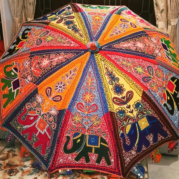 Beautiful Handmade Indian Elephant Mandala Embroidery Large Sun Shade Mirror Umbrella Outdoor Patio Parasol Table Decor Christmas Decoration