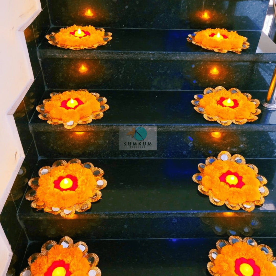 Artificial Marigold Flower Rangoli Mats Set, Diwali Decoration, Stairs