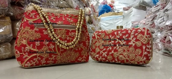 Designer Clutches Golden Embroidery Bag With Pearl Shoulder