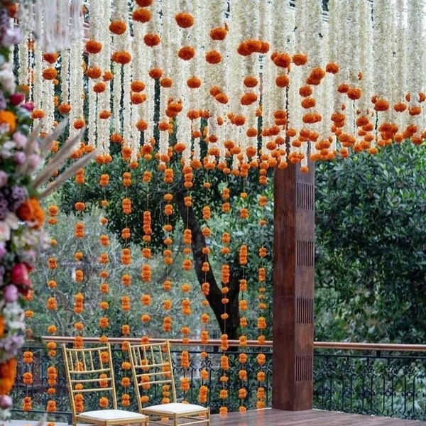 Lot de 10 ficelles de fleurs de souci de jasmin artificielles pour décoration de plafond, décoration de mariage indien, décoration Mehndi