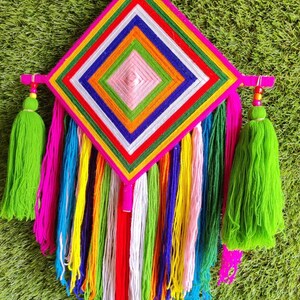 Colorful Woolen Kites Party Backdrops Hanging, Wall Hanging Home Decor Colorful Kite Hanging, Diwali Decoration, Haldi Stage Decor image 2