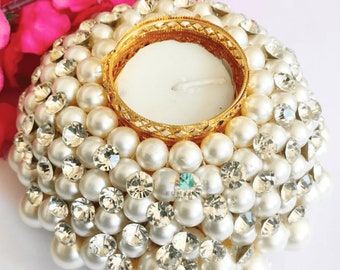 Crystal Pearl Beads Tealight, Diwali Decor Diyas, Wedding Favor, Christmas Diya, Indian Return Gift, Candle Holders, Tealight Holder