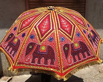 Free Shipping in US and UK Handmade Ethnic Indian Elephant Decorative Outdoor Garden Umbrella Decoration,Hippie Embroidery Large Parasol