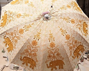 Beautiful Handmade Indian Elephant Mandala Embroidery Large Sun Shade Mirror Umbrella Outdoor Patio Parasol Table Decor Christmas Decoration