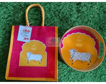 Pichwai Jute Bag with Metal Tray Indian Wedding Favor, Wedding Bridesmaids Gift Bags, Birthday Party & Gifting Favor Return Gift Hamper Bag