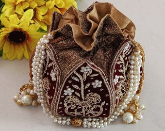 Beautiful Heavy Zari And Stone Work Lotus Style Potli Bag For Women Evening Clutches , Bridal Handbag , Handbag Anniversary Gift Gift For