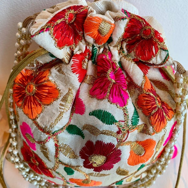 Ethnic Handcrafted Embroidered Drawstring potli bag, Indian Wedding favors, wedding party bags , Return Gift bag, Jewelry Bag