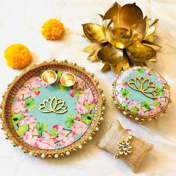 Scatola dolce Thali artigianale con Rakhi Rakhi Combo Set Rakhshabandan Combo indiano fatto a mano Rakhi Thali Sweet Box Regalo per fratello