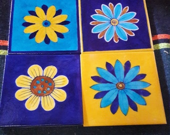 Set of 4 Hand painted Indian Ceramic Decorative Project Handmade Handcrafted Tiles Size 4*4" inch