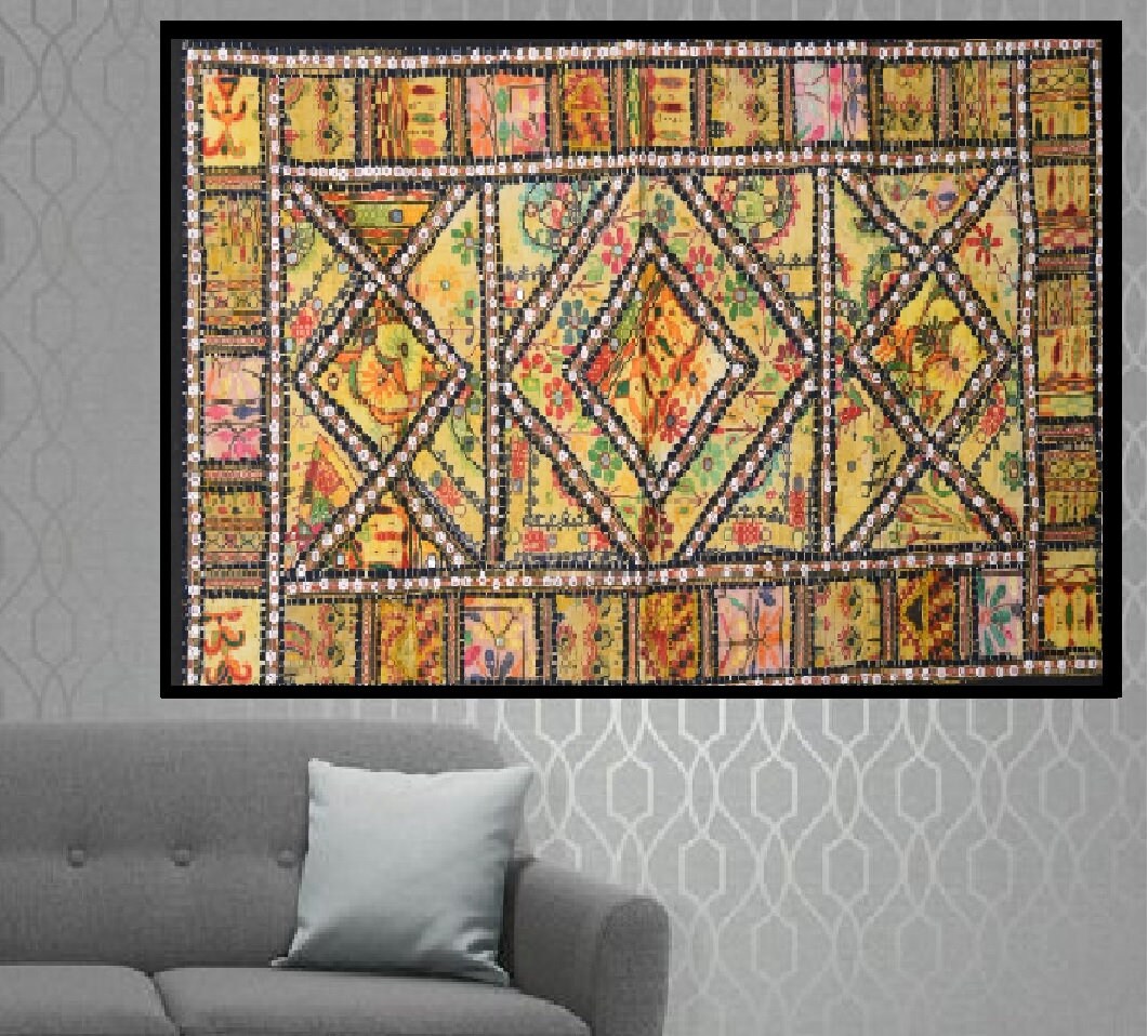 Handmade Embroidered Wall Hanging Mirror Work , Patchwork Wall Decor ...