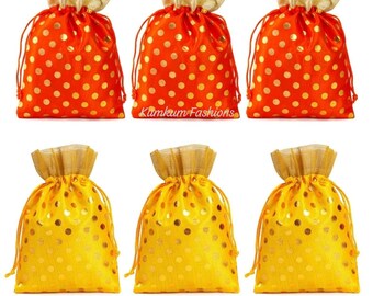 Polka Dot Women’s Ethnic Brocade Potli Bag Wedding Favor Return Gift Bag Indian Drawstring Potli Purse Dry Fruit, Sweet, Candy Pouch