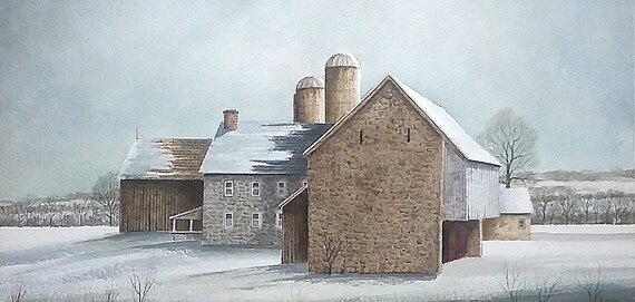 Stone Barn Snow Scene Pennsylvania Farm An Original Matted Etsy