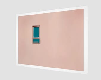 Painting of a Blue Window on a Pink Wall | Fine Art Print | Landscape Horizontal | Pop Art Pastel | Art Deco