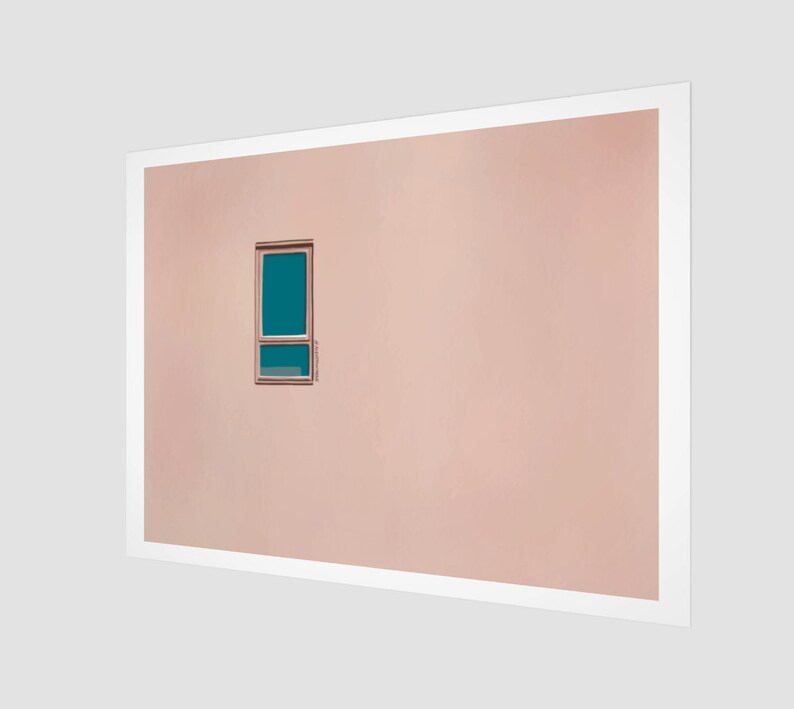 Painting of a Blue Window on a Pink Wall Fine Art Print Landscape Horizontal Pop Art Pastel Art Deco image 1