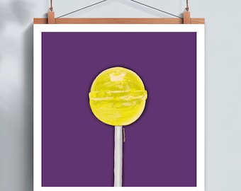 Lemon | Lollipop Art | Yellow and Purple | Wall Decor | Square | Fine Art Print | The ADD Art Shop