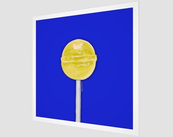 Banane Lollipop Kunst | Banane | Gelb und Blau | Pop Art Fine Art Print | Quadratisch