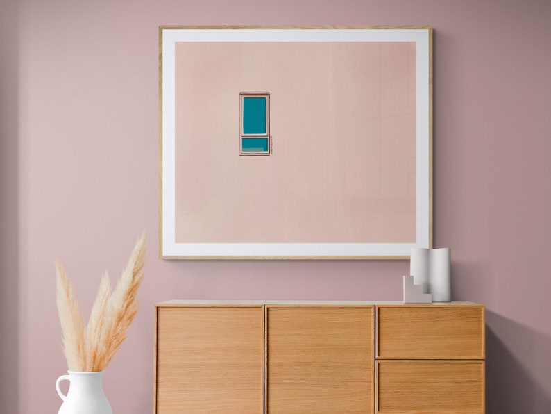 Painting of a Blue Window on a Pink Wall Fine Art Print Landscape Horizontal Pop Art Pastel Art Deco image 2