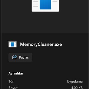 Op de afbeelding: Schermafbeelding van een computerprogrammavenster met een blauw vierkant en witte lijnen. Het programma heet "MemoryCleaner.exe". Extra details zijn bestandsgrootte en wijzigingsdatum.