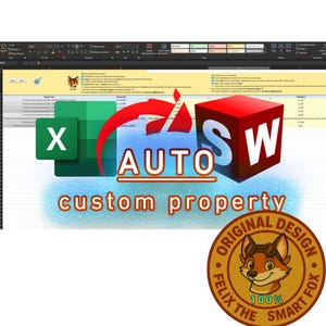 Peut inclure: Une image numérique avec les mots "AUTO custom property" en orange, une icône "X" verte et un cube rouge avec "SW". Un logo circulaire avec un renard portant des lunettes et le texte "Felix the Smart Fox" est également présent.