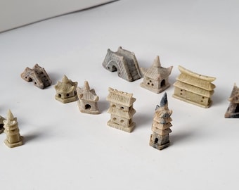5 Set of Soapstone Hand Caved Miniature Pavilion, House, Bridge & Pagoda – Bonsai, Dollhouse Decoration, Free shipping
