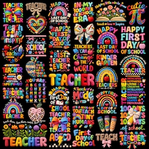 Könnte beinhalten: Ein schwarzer Hintergrund ist mit farbenfrohen Texten und Grafiken zum Thema Lehren gefüllt. Sätze wie "Happy First Day of School", "Best Teacher Ever" und "Teachers Can Change the World" werden in verschiedenen Schriftarten und Stilen angezeigt. Regenbogen, Äpfel und Bleistifte sind ebenfalls zu sehen.