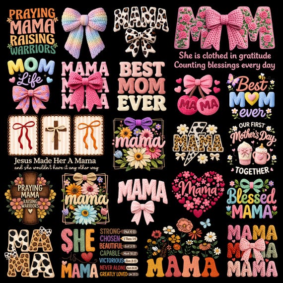 Mothers Day PNG Bundle, Faux Yarn, Coquette Bow, Best Mom Ever, Cozy Crochet, Knit Floral, Mama Leopard Coquette, Digital Download