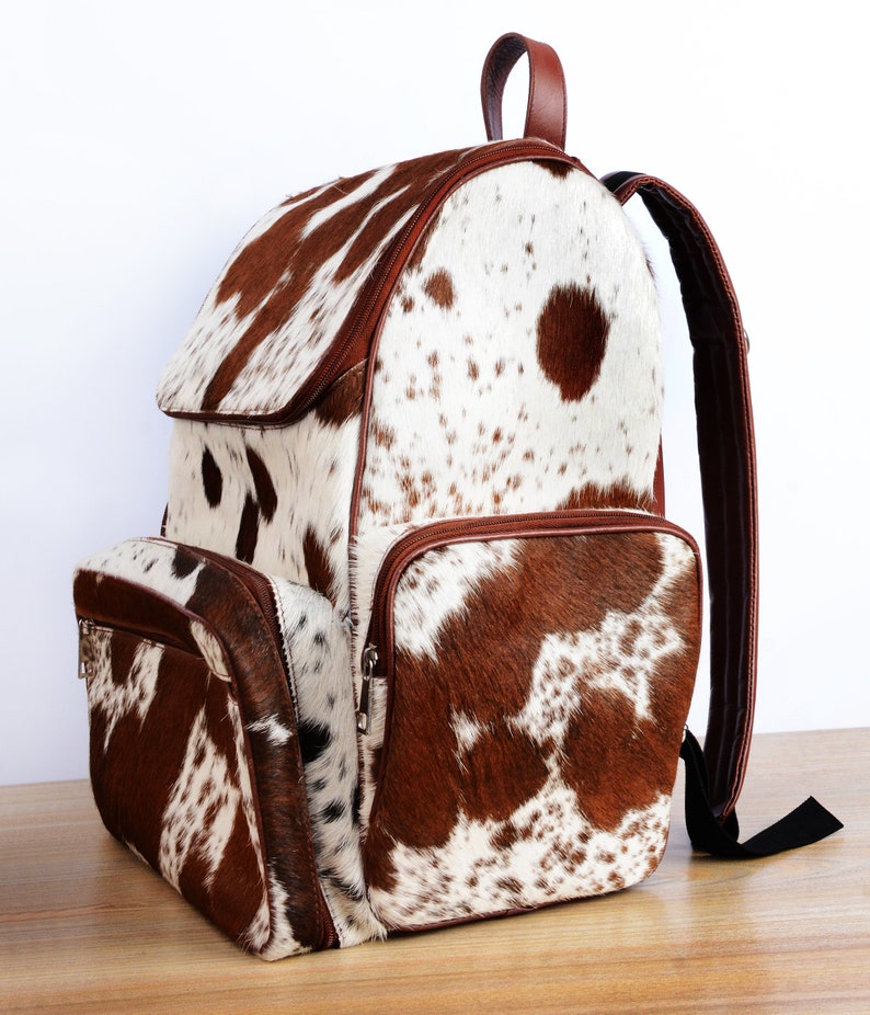 Cowhide Hair Leather Backpack Brown and White Pony Fur RucksackKnapsack Travel Shoulder Bag