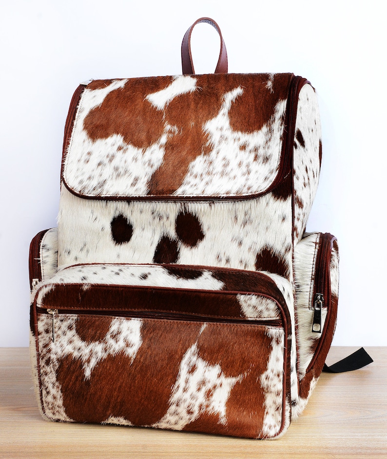 Cowhide Hair Leather Backpack Brown and White Pony Fur RucksackKnapsack Travel Shoulder Bag