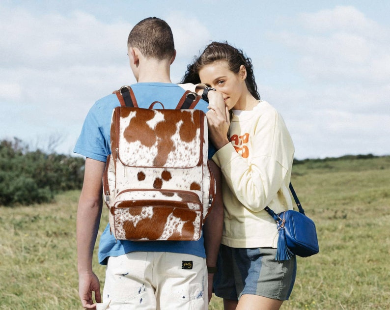 Cowhide Hair Leather Backpack Brown and White Pony Fur RucksackKnapsack Travel Shoulder Bag