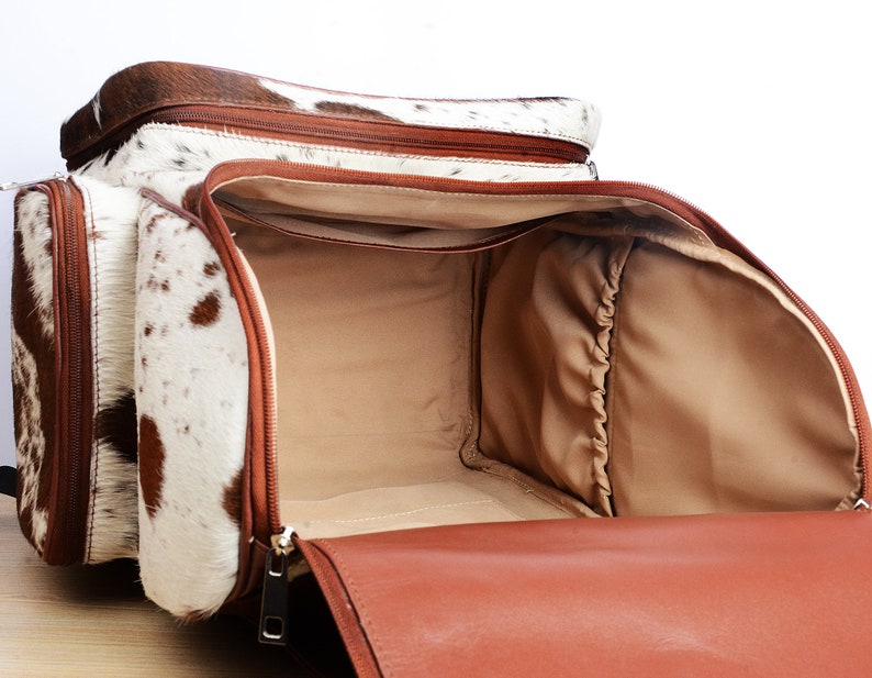 Cowhide Hair Leather Backpack Brown and White Pony Fur RucksackKnapsack Travel Shoulder Bag