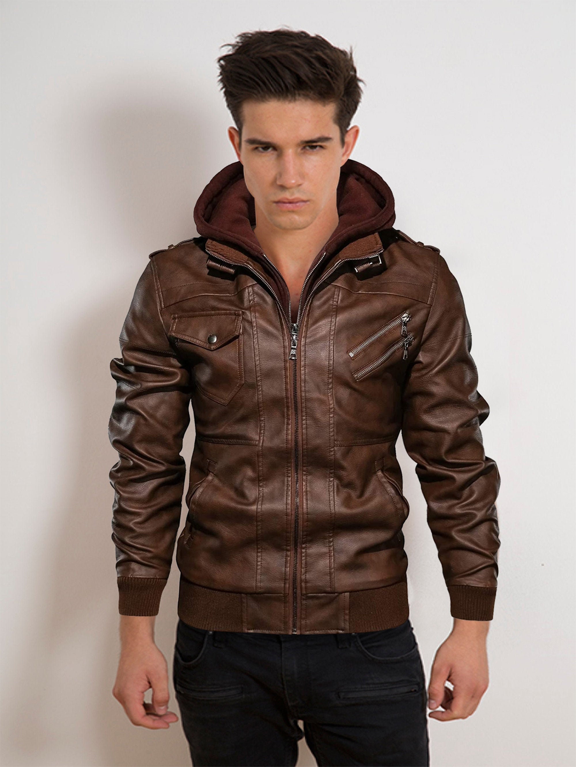 Mens Brown Hooded Leather Jacket Handmade Biker Bomber Warm Etsy
