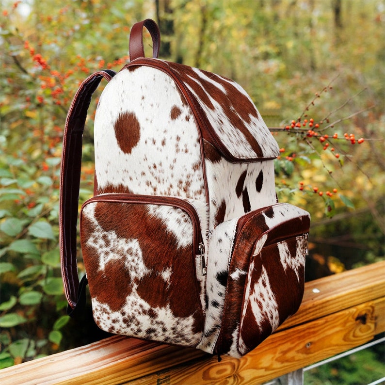Cowhide Hair Leather Backpack Brown and White Pony Fur RucksackKnapsack Travel Shoulder Bag