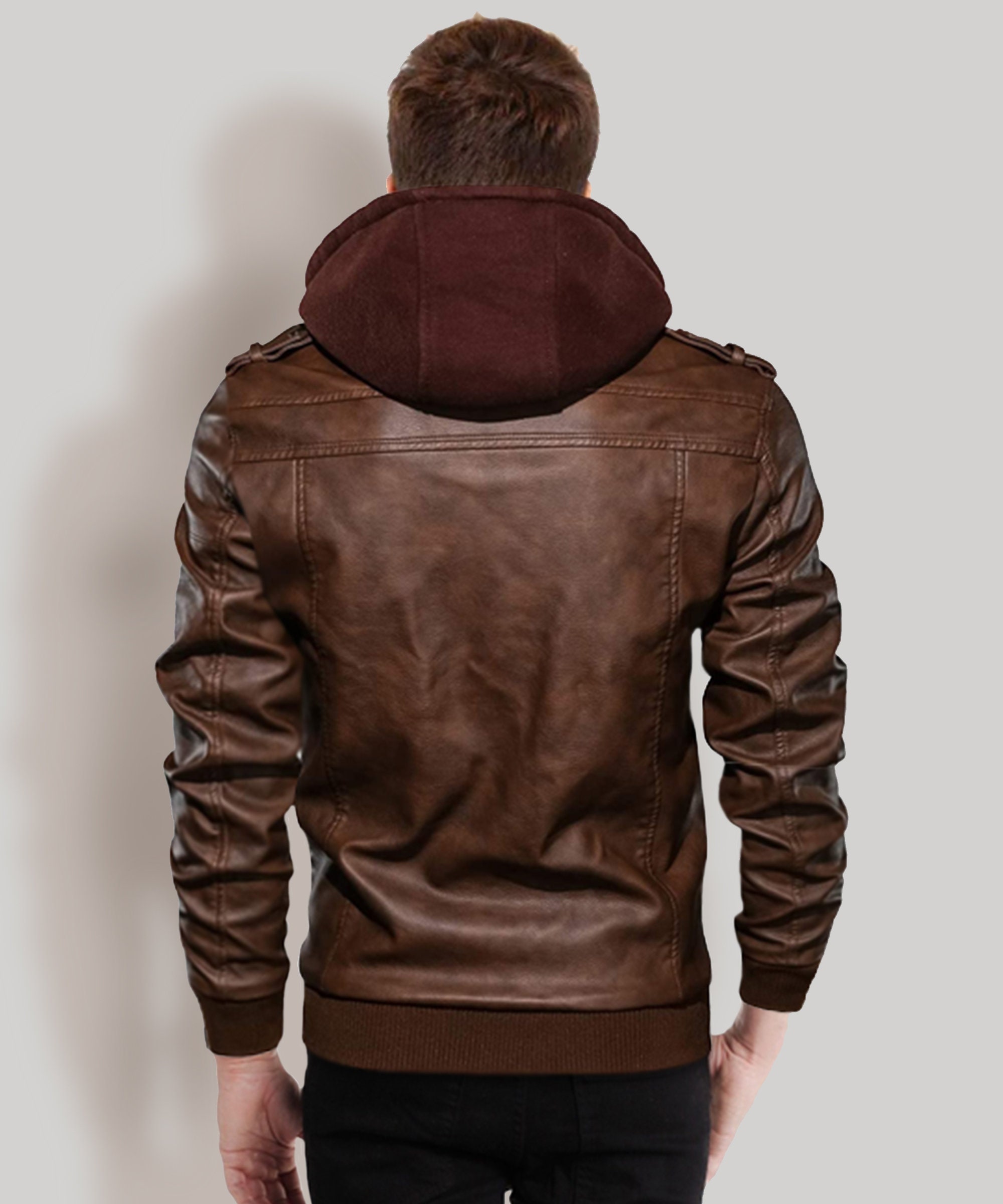 Mens Brown Hooded Leather Jacket Handmade Biker Bomber Warm Etsy