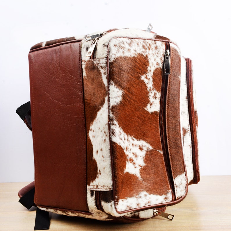 Cowhide Hair Leather Backpack Brown and White Pony Fur RucksackKnapsack Travel Shoulder Bag