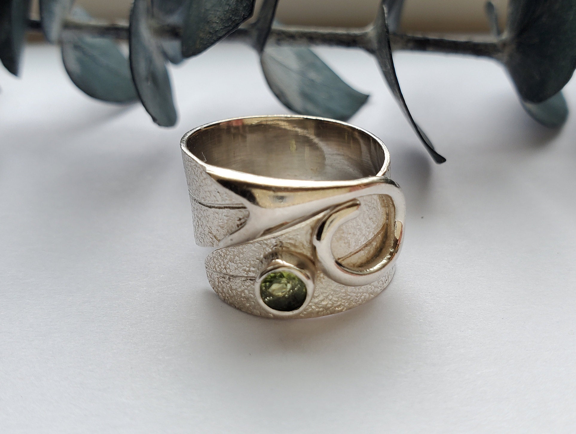 Peridot Leaf Silver Wrap Ring- Pure Whimsy Jewelry Size 5.5 to 6