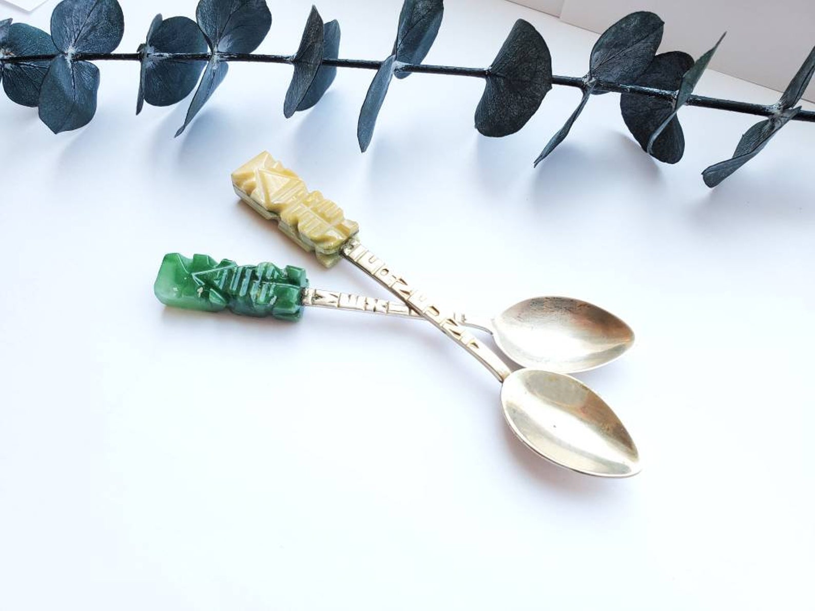 Vintage Sterling Jade Spoons Etsy