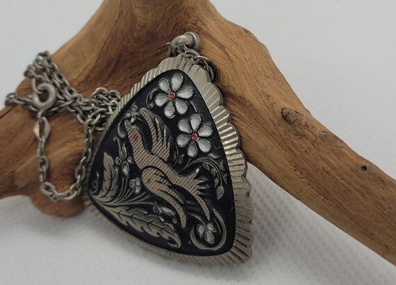 Pendentif Vintage Or De Tolède Damascène - Motif Floral Et Oiseau - Espagne - 4.8 Cm