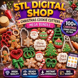 Peut inclure: Une collection numérique d'emporte-pièces de Noël comprenant des formes variées comme des bonshommes en pain d'épices, le Père Noël, des flocons, des sapins et des boules. L'image contient des textes comme STL DIGITAL SHOP et 100+ CHRISTMAS COOKIE CUTTERS.