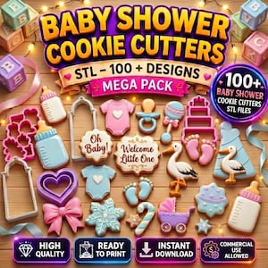 Pode incluir: Uma coleção digital de cortadores de biscoito para chá de bebê com mais de 100 designs STL. A imagem exibe várias formas, incluindo mamadeiras, bodies, chupetas, chocalhos, cegonhas, pegadas e laços com o texto Baby Shower Cookie Cutters.
