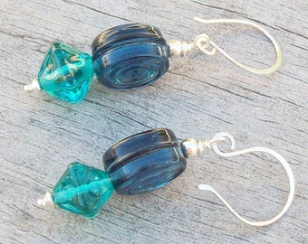 Blue and Teal Lampwork Earrings,  Textured beads, Unusual Shapes, Handmade Artisan Ear Wires