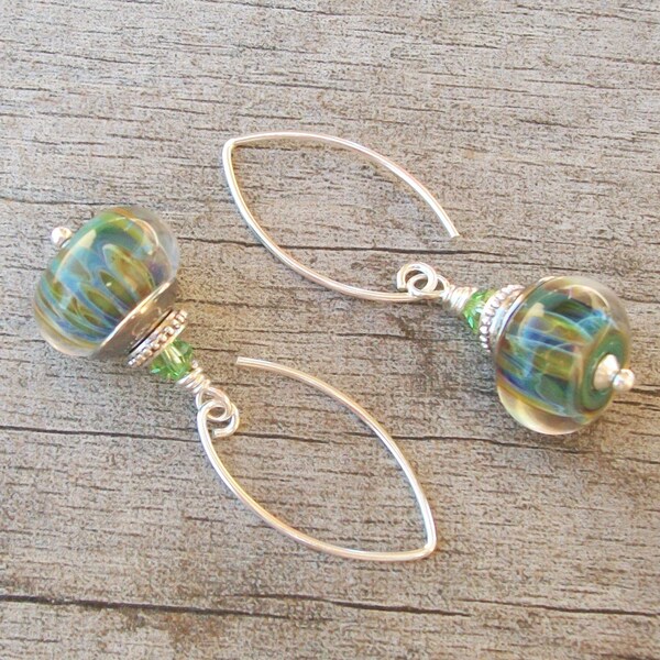 Lampwork Glass Bead Earrings, Pale Green Blue and Golden Yellow Boro Beads, Silver Accents, Sterling Silver Marquis Earwires